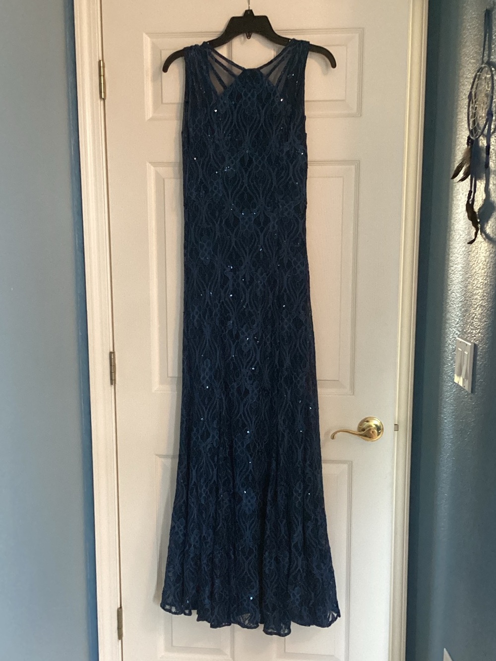 R & M Richards Navy Sequined Lace Maxi Gown
